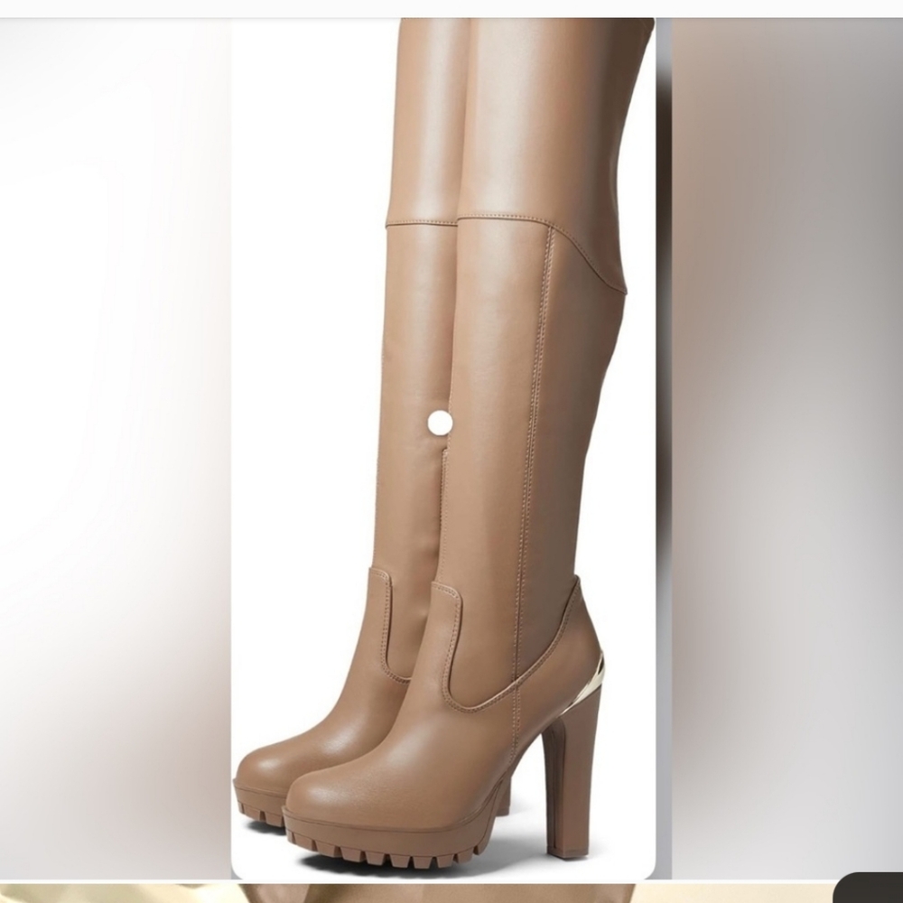 Tall Tan Platform Heeled Boots - Women